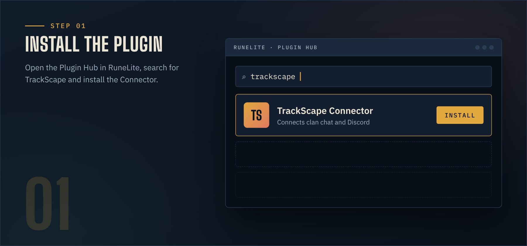 Illustration of the RuneLite Plugin Hub with a search for trackscape and the TrackScape Connector plugin with an Install button